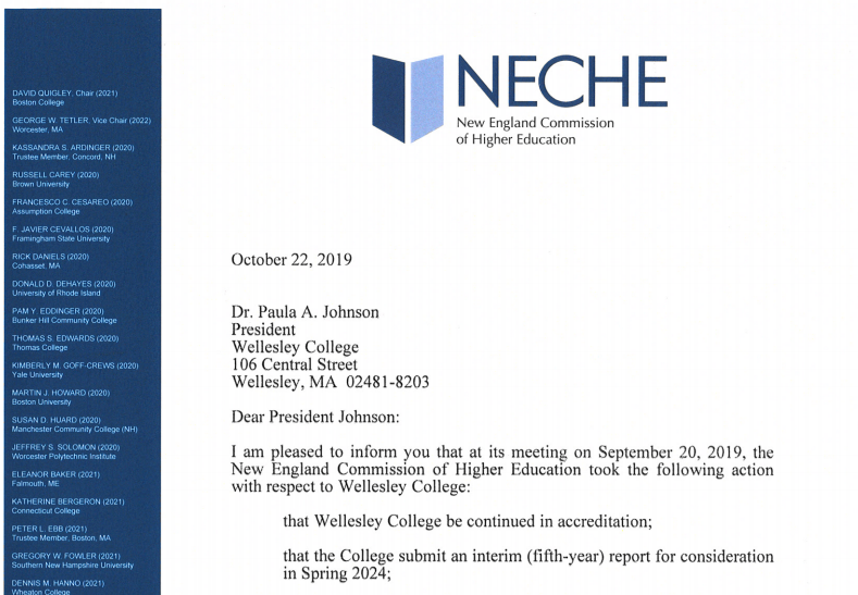 Photo of the 2019 NECHE Response https://www.wellesley.edu/about/accreditation